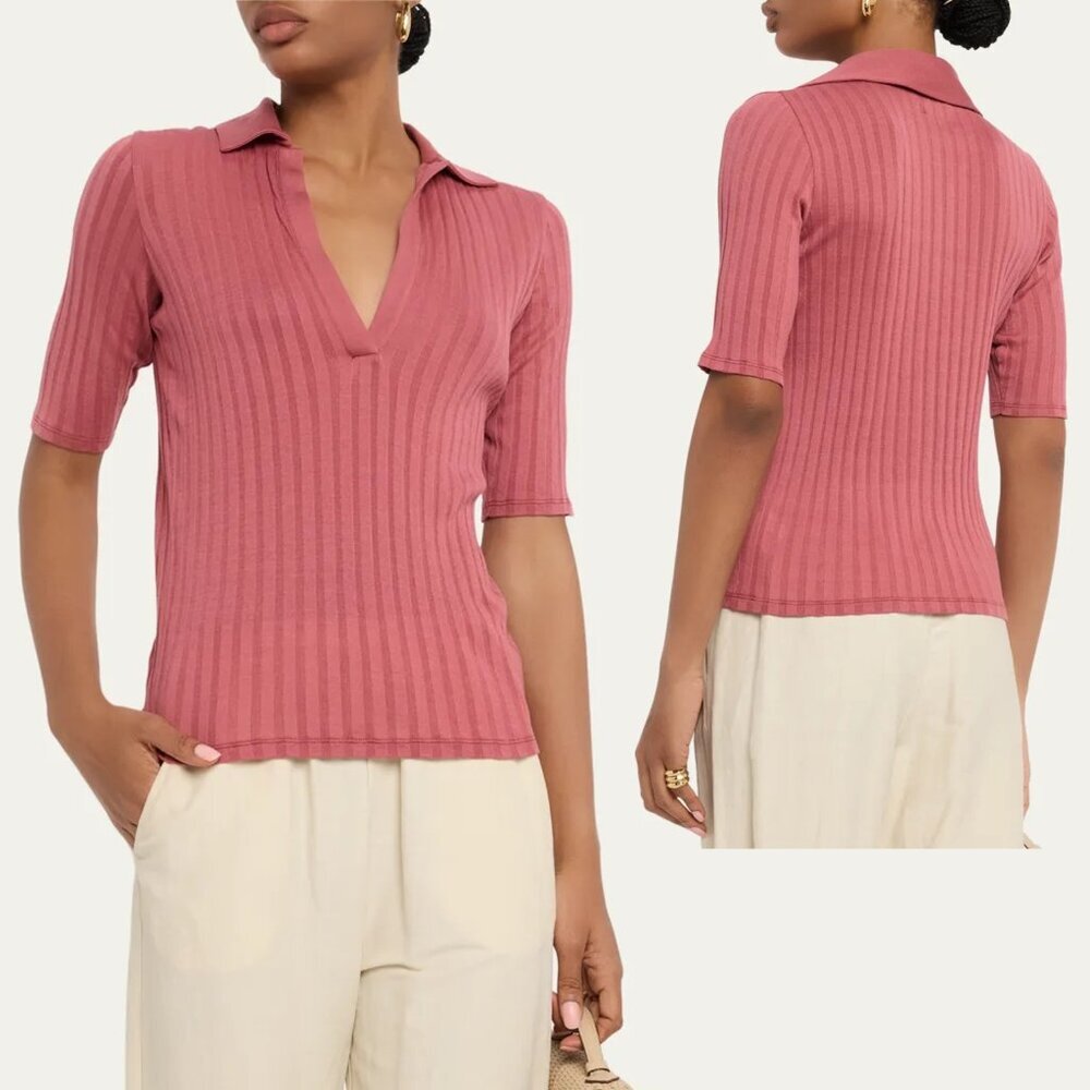 Vince Ribbed Polo Knit Top in Mauve Pink